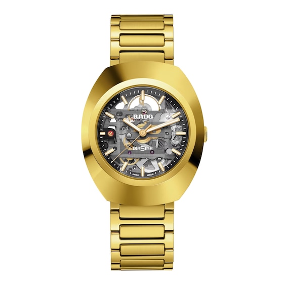 Rado DiaStar Mens Skeleton Dial Gold Tone Bracelet Watch