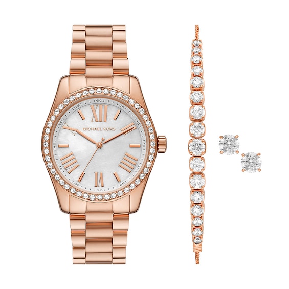 Michael Kors Lexington Rose Gold-Tone Crystal Watch, Bracelet & Earring Giftset