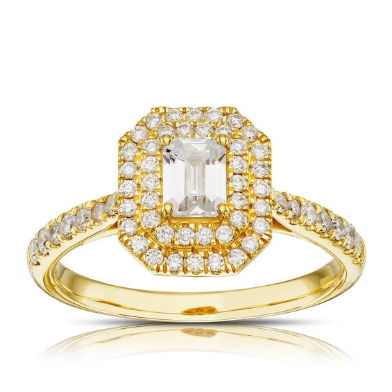Engagement Ring Origin 18ct Yellow Gold Emerald Cut Halo 0.7
