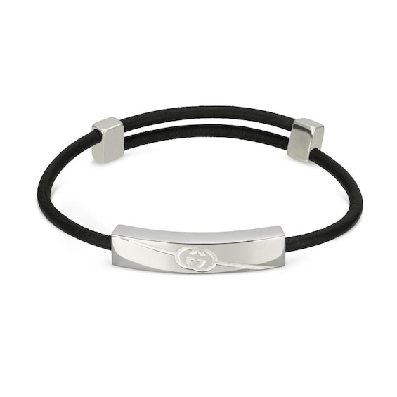 Gucci Tag Sterling Silver Logo & Black Leather Adjustable Bracelet