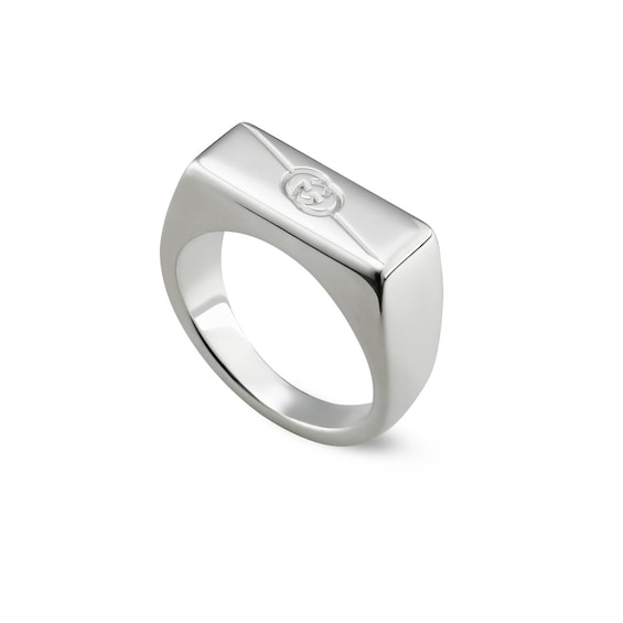 Gucci Tag Sterling Silver Diagonal Interlocking G Logo Ring Size N-O