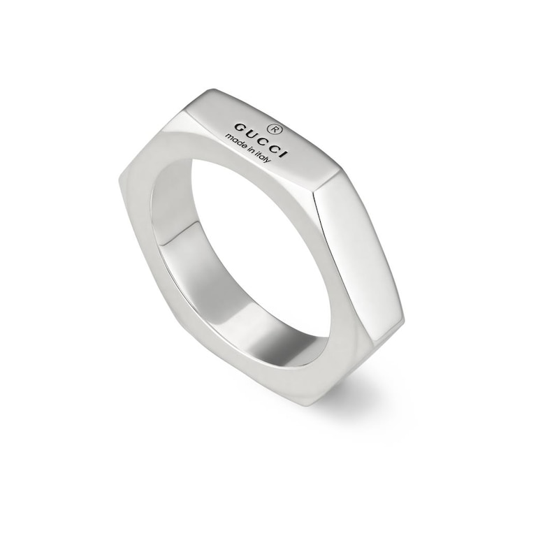 Gucci Trademark Sterling Silver Engraved Logo Hexagon Ring Size N-O
