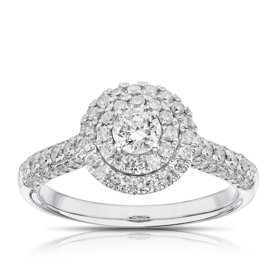 Engagement Ring 18ct White Gold Round Cut Double Halo 0.75ct