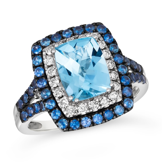 Le Vian 14ct White Gold Aquamarine, Sapphire & 0.23ct Diamond Halo Ring