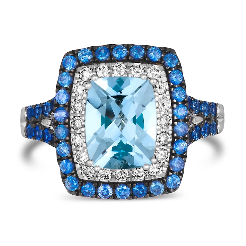 Le Vian 14ct White Gold Aquamarine, Sapphire & 0.23ct Diamond Halo Ring