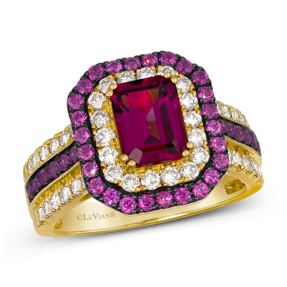 Le Vian 14ct Yellow Gold Raspberry Rhodolite and 0.69ct Diamond Halo Ring