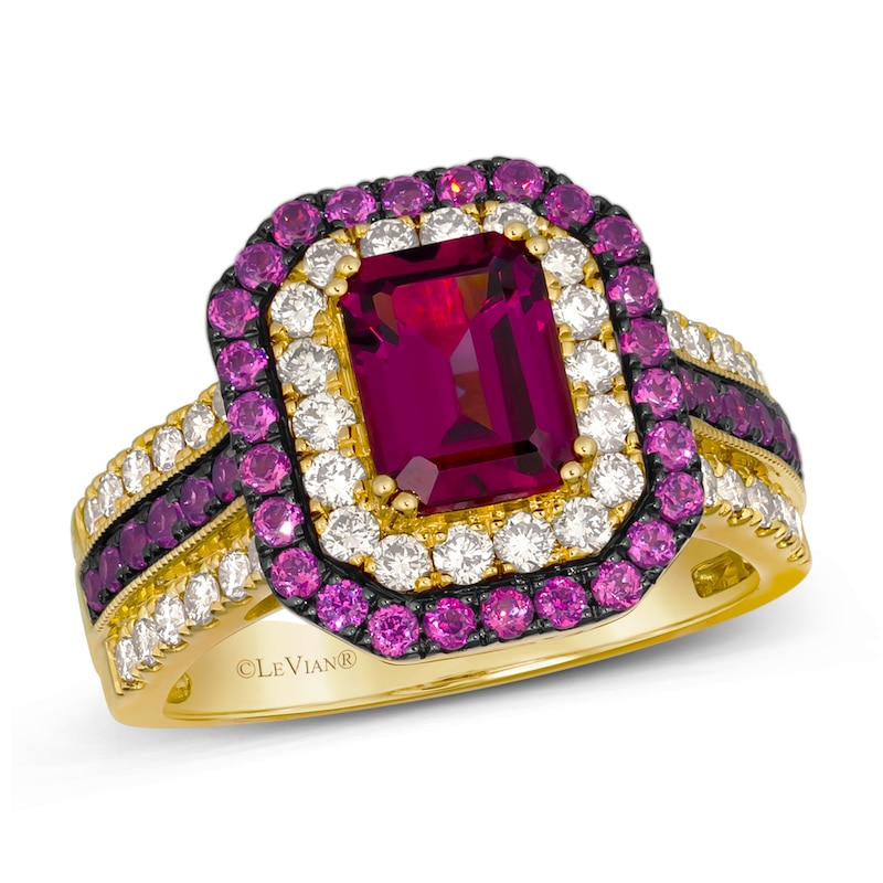 Le Vian 14ct Yellow Gold Raspberry Rhodolite & 0.69ct Diamond Halo Ring