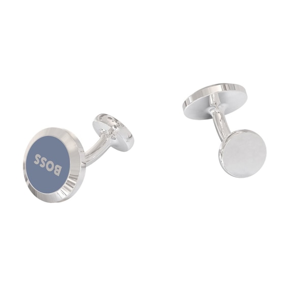 Men's Boss B-Logo Sterling Silver & Blue Enamel Round Cufflinks