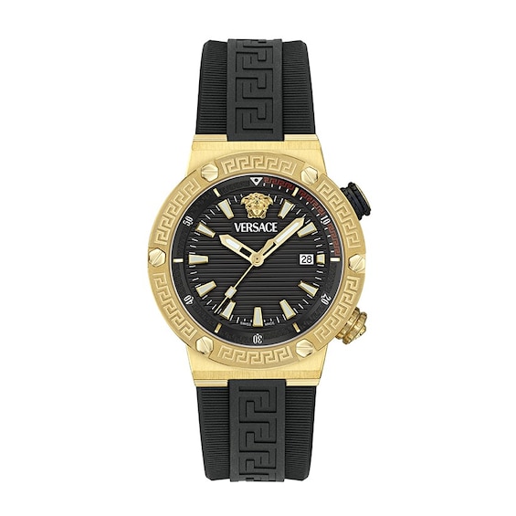 Men's Versace Logo Diver Black Pu Leather Strap Watch