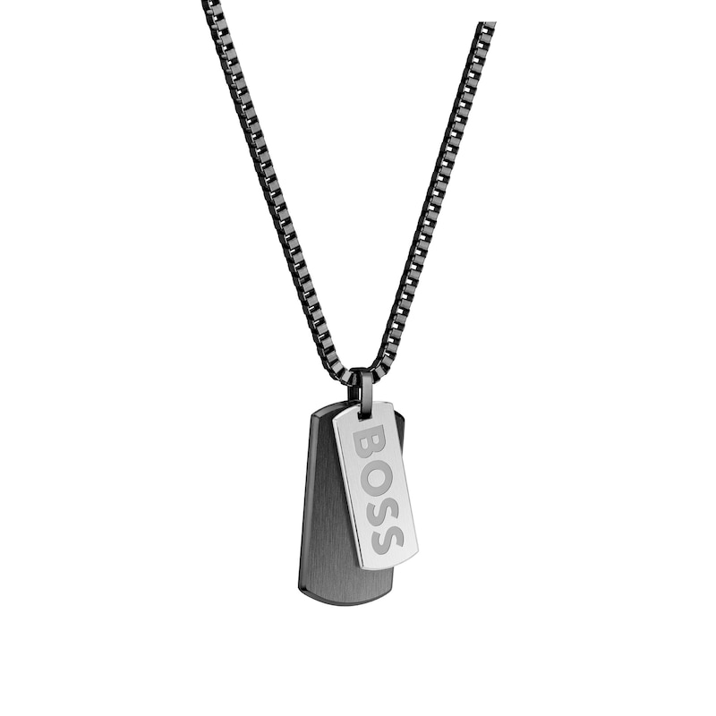 BOSS Devon Black IP 24 Inch Dog Tag Box Chain Necklace