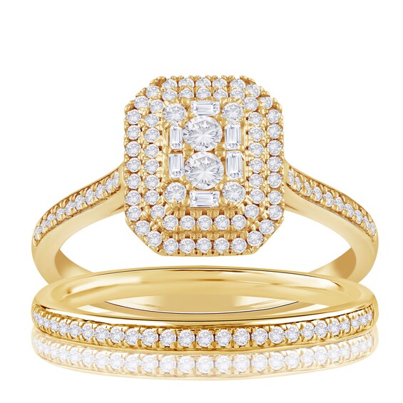 Engagement Ring 18ct Yellow Gold Emerald Shaped Halo Bridal 