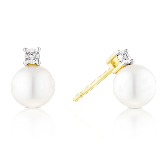 9ct Yellow Gold Diamond and Pearl Stud Earrings