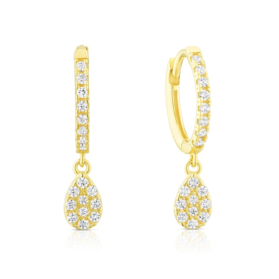 9ct Yellow Gold CZ Pavé & Pear Shaped Drop Huggie Earrings