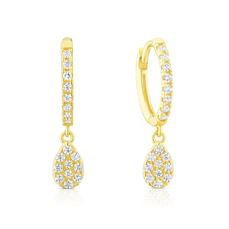 9ct Yellow Gold CZ Pavé & Pear Shaped Drop Huggie Earrings