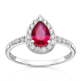 9ct White Gold Created Ruby & CZ Pear Shaped Ring