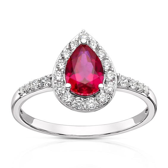 9ct White Gold Created Ruby and CZ Pear Shaped Ring