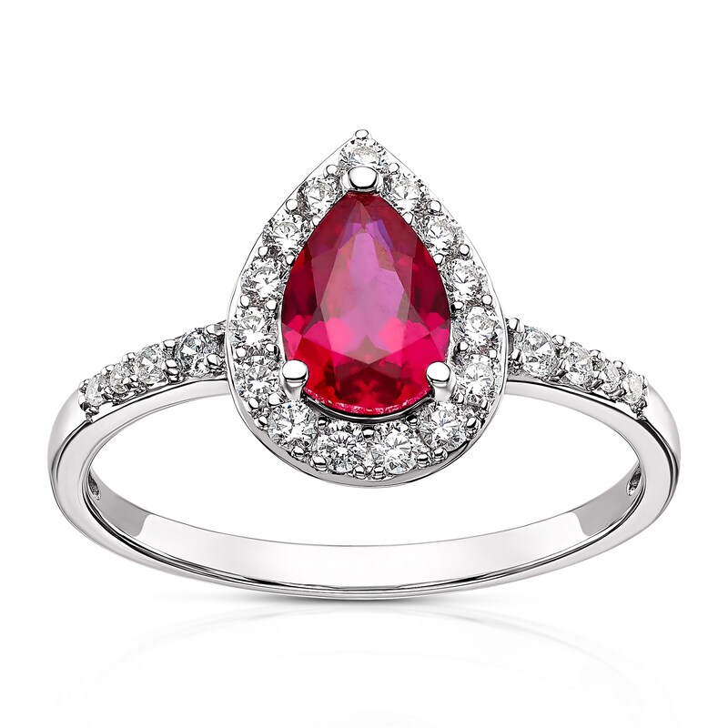 Main Image 1 of 9ct White Gold Created Ruby & CZ Pear Shaped Ring