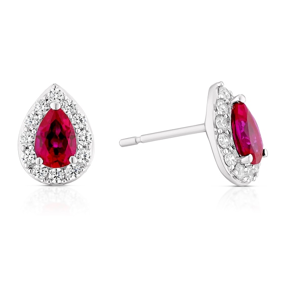 9ct White Gold Created Ruby and CZ Stud Earrings