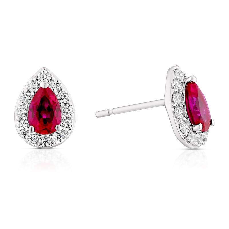 9ct White Gold Created Ruby & CZ Stud Earrings