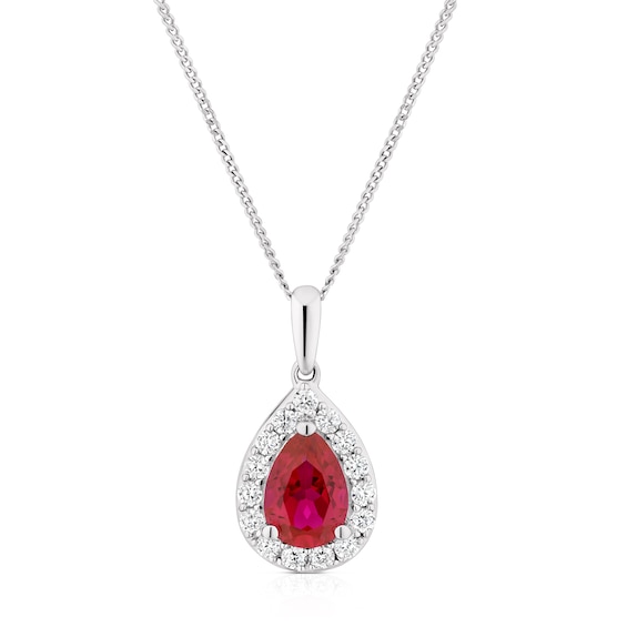 9ct White Gold 18 Created Ruby and CZ Pear Shaped Pendant
