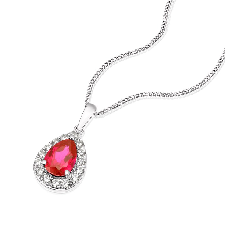 9ct White Gold 18 Inch Created Ruby & CZ Pear Shaped Pendant