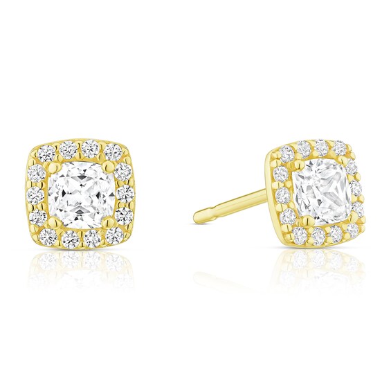 9ct Yellow Gold CZ Cushion Shaped Halo Stud Earrings