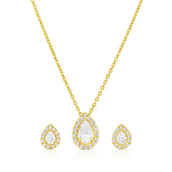 9ct Yellow Gold CZ Pear Shaped Pendant and Earrings Jeweller