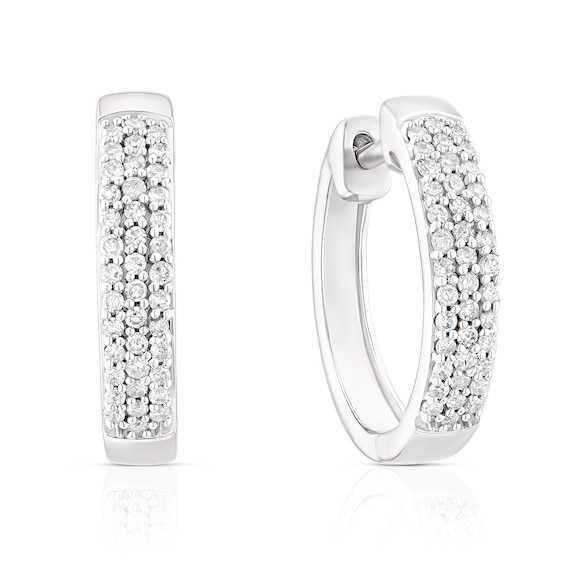 9ct White Gold 0.25ct Diamond Triple Row Pave 10mm Hoop Earrings