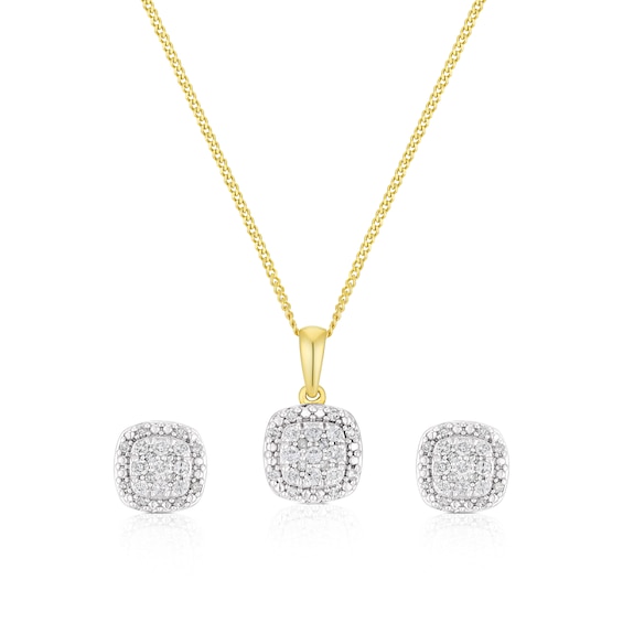 9ct Yellow Gold 0.30ct Diamond Total Cluster Stud Earring and Pendant Set