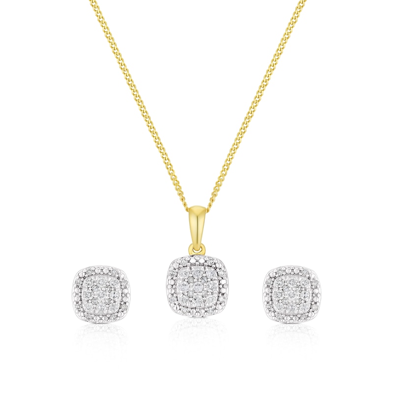 9ct Yellow Gold 0.30ct Diamond Total Cluster Stud Earring & Pendant Set