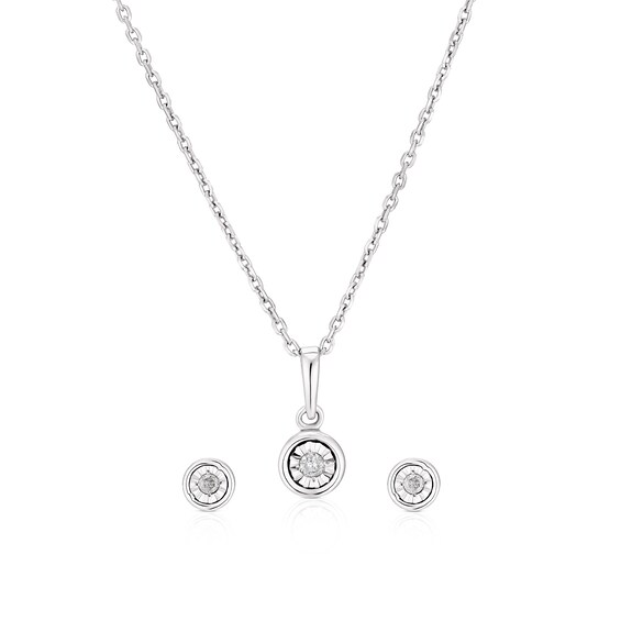 Sterling Silver Diamond Bezel Stud and Pendant Set