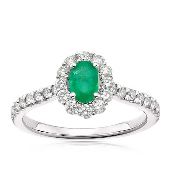 18ct White Gold Emerald and 0.50ct Diamond Halo Ring