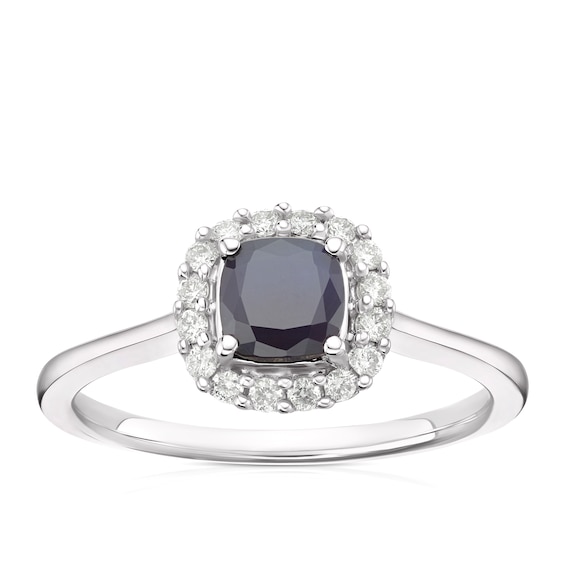 9ct White Gold Sapphire and 0.15ct Diamond Cushion Halo Ring