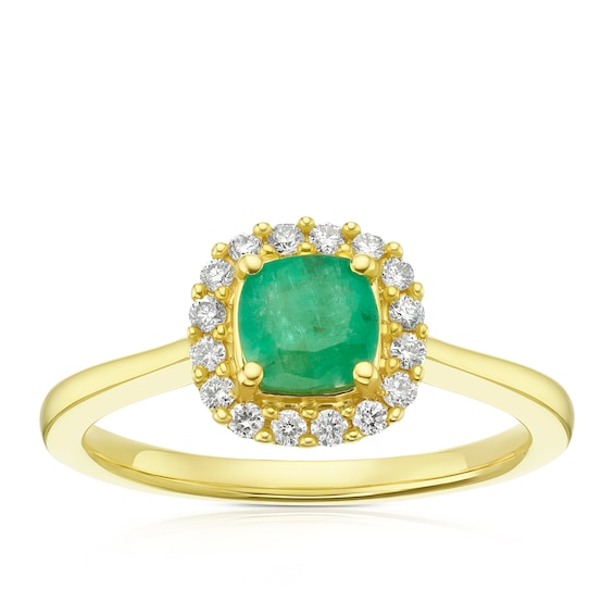 9ct Yellow Gold Emerald and 0.15ct Diamond Cushion Halo Ring