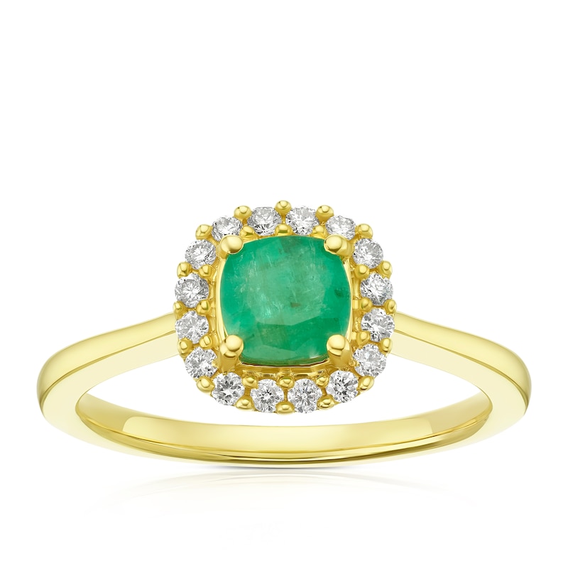 9ct Yellow Gold Emerald & 0.15ct Diamond Cushion Halo Ring