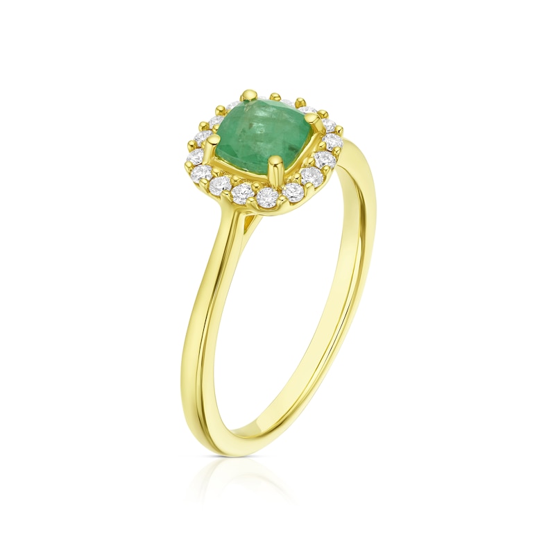 9ct Yellow Gold Emerald & 0.15ct Diamond Cushion Halo Ring