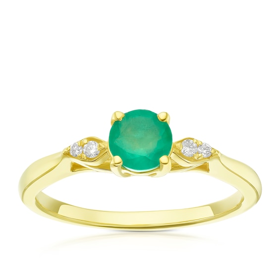 9ct Yellow Gold Diamond and Emerald Round Cut Ring