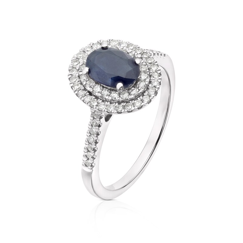 9ct White Gold Blue Sapphire & 0.33ct Diamond Oval Double Halo Ring