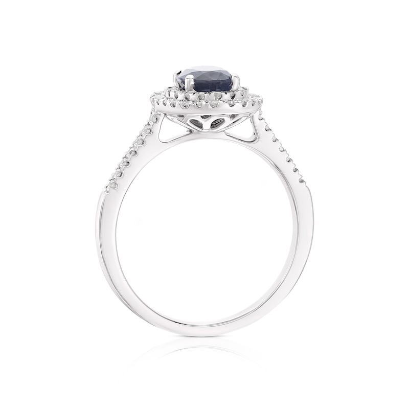 9ct White Gold Blue Sapphire & 0.33ct Diamond Oval Double Halo Ring
