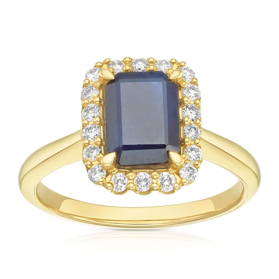 9ct Yellow Gold Blue Sapphire and 0.25ct Diamond Halo Ring