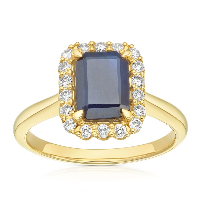 9ct Yellow Gold Blue Sapphire & 0.25ct Diamond Halo Ring