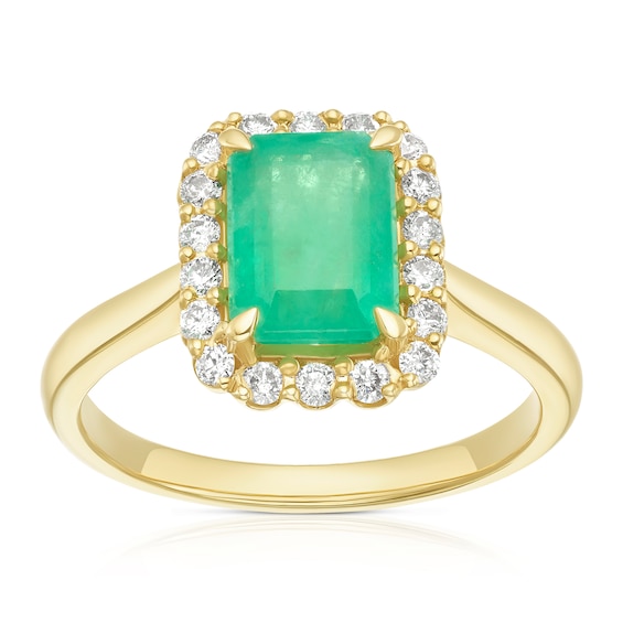 9ct Yellow Gold Emerald and 0.25ct Diamond Halo Ring