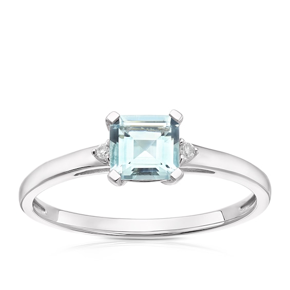 9ct White Gold Aquamarine and Diamond Three Stone Ring