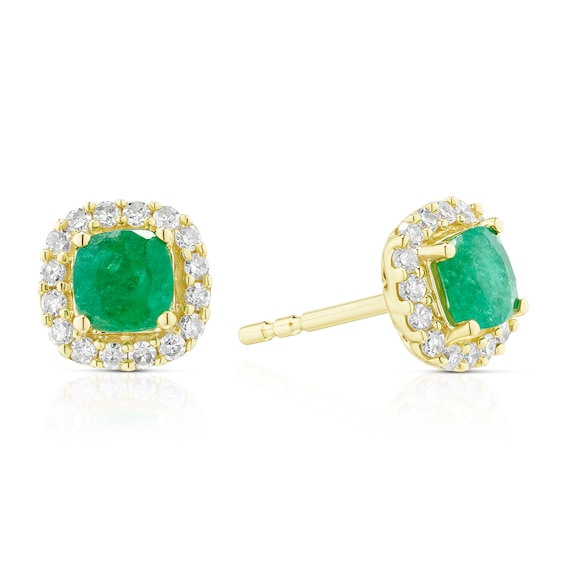 9ct Yellow Gold Emerald and 0.20ct Diamond Cushion Halo Stud