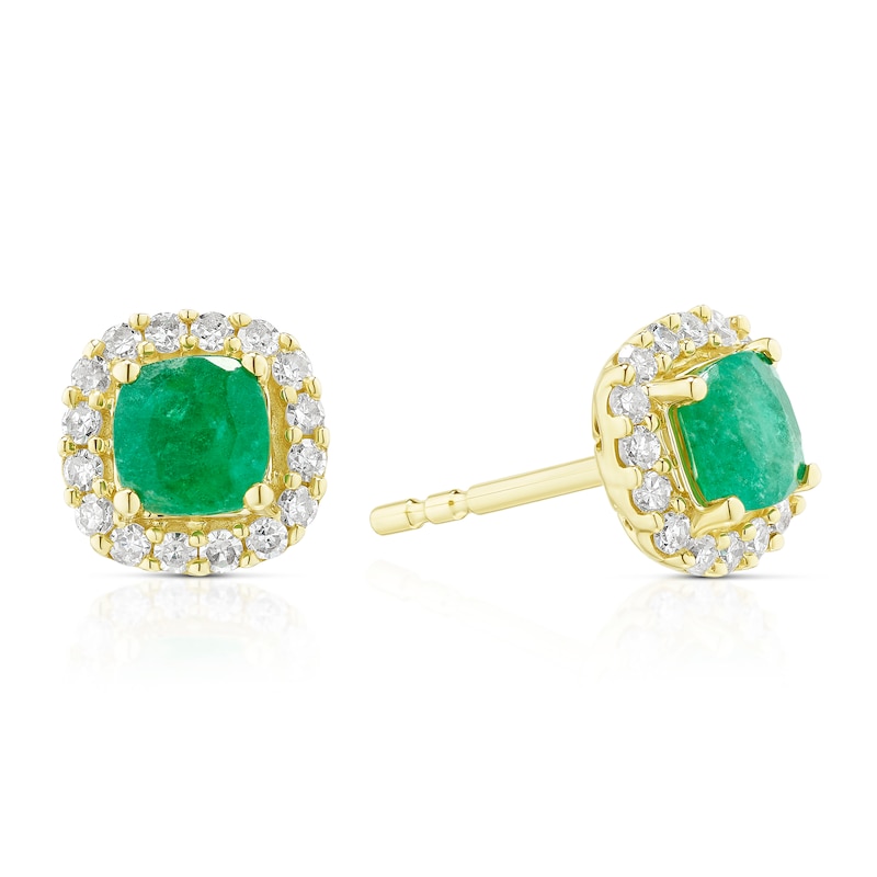 9ct Yellow Gold Emerald & 0.20ct Diamond Cushion Halo Stud Earrings