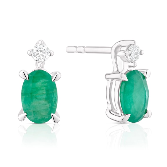 9ct White Gold Emerald and Diamond Stud Drop Earrings