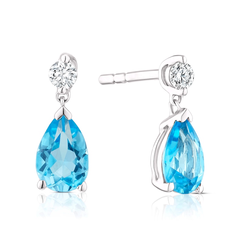 9ct White Gold Swiss Blue Topaz & Diamond Teardrop Stud Earrings