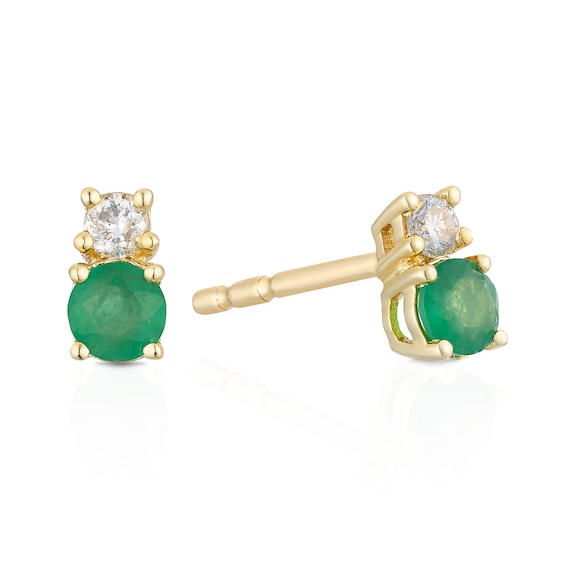 9ct Yellow Gold Emerald and Diamond Stud Earrings