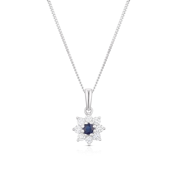 9ct White Gold Blue Sapphire and 0.25ct Diamond Flower Penda