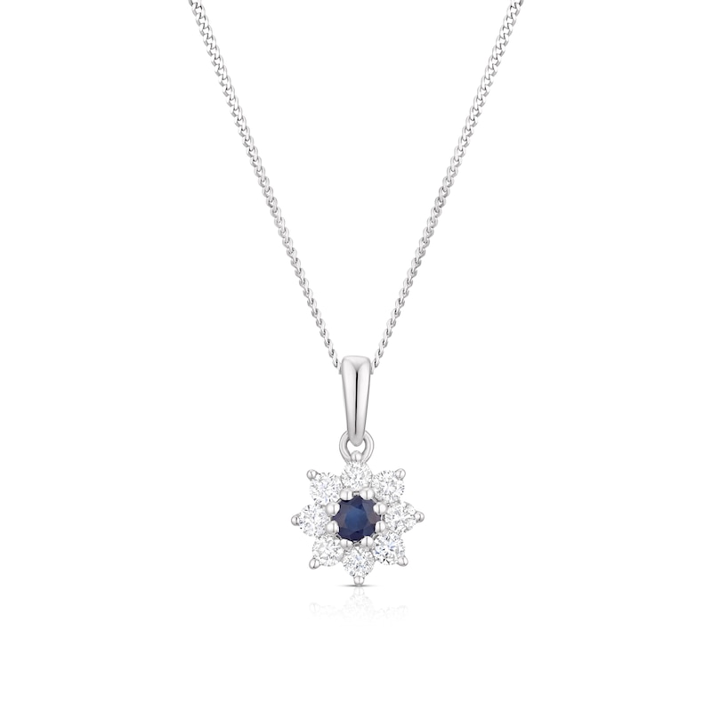 Main Image 1 of 9ct White Gold Blue Sapphire & 0.25ct Diamond Flower Pendant